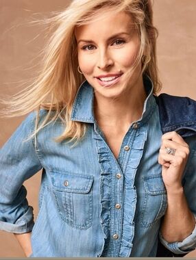 Talbots Ruffled Button-front Lyocell Denim Top